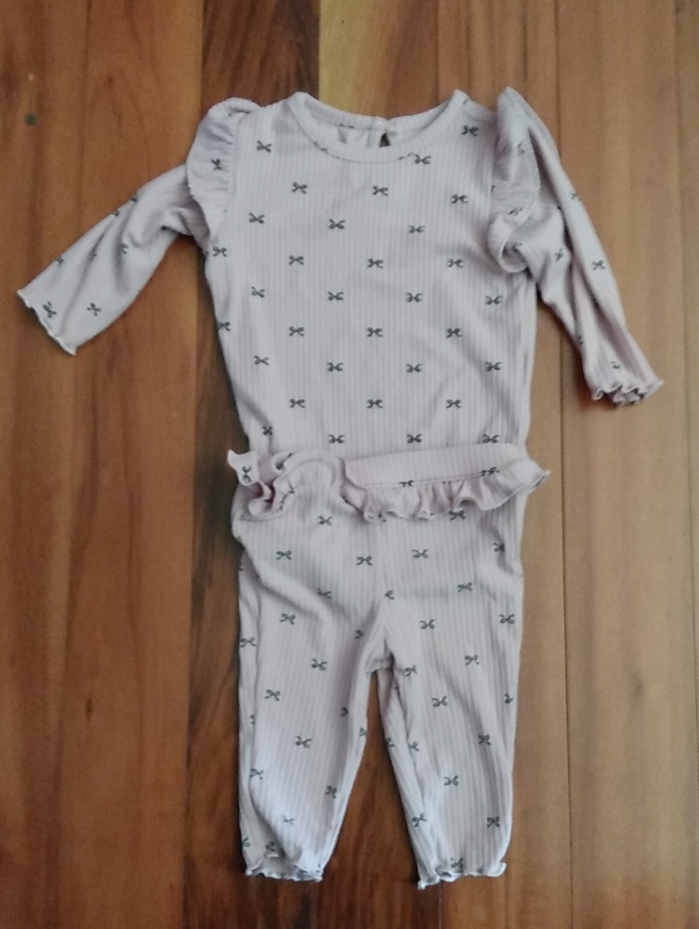 Carters 3 Month Girls Pink Ribbed Bow Print Outfit, Ruffled Bodysuit & Pants Set